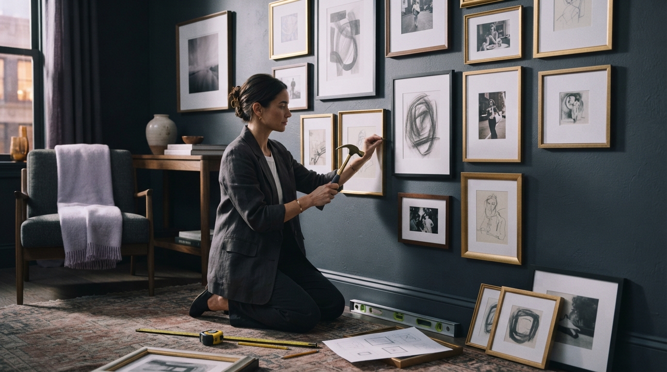 Editorial illustration for How to Plan, Arrange, and Hang a Gallery Wall That Looks Designed, Not Accidental